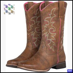 Square Toe Cowgirl Boots Western Style Wide Calf Mid-Calf Boots Faux Leather